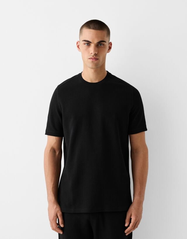 Bershka Strukturalna Koszulka Z Krótkim Rękawem Mężczyzna M Czarny