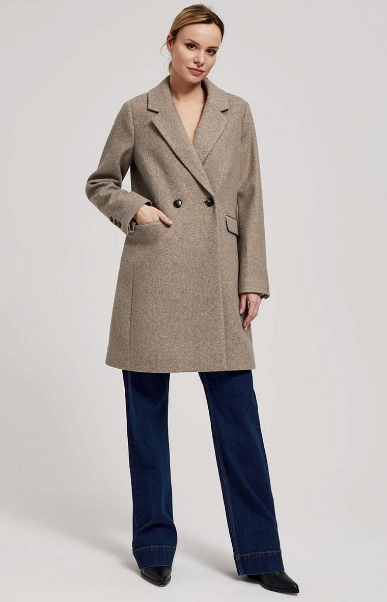 Dwurzędowy płaszcz z kieszeniami w kolorze beżowym 4207, Kolor beżowy, Rozmiar S, Moodo