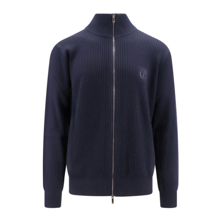 Granatowy Sweter z Zamkiem, Wyprodukowany we Włoszech, 100% Czysta Wełna Giorgio Armani