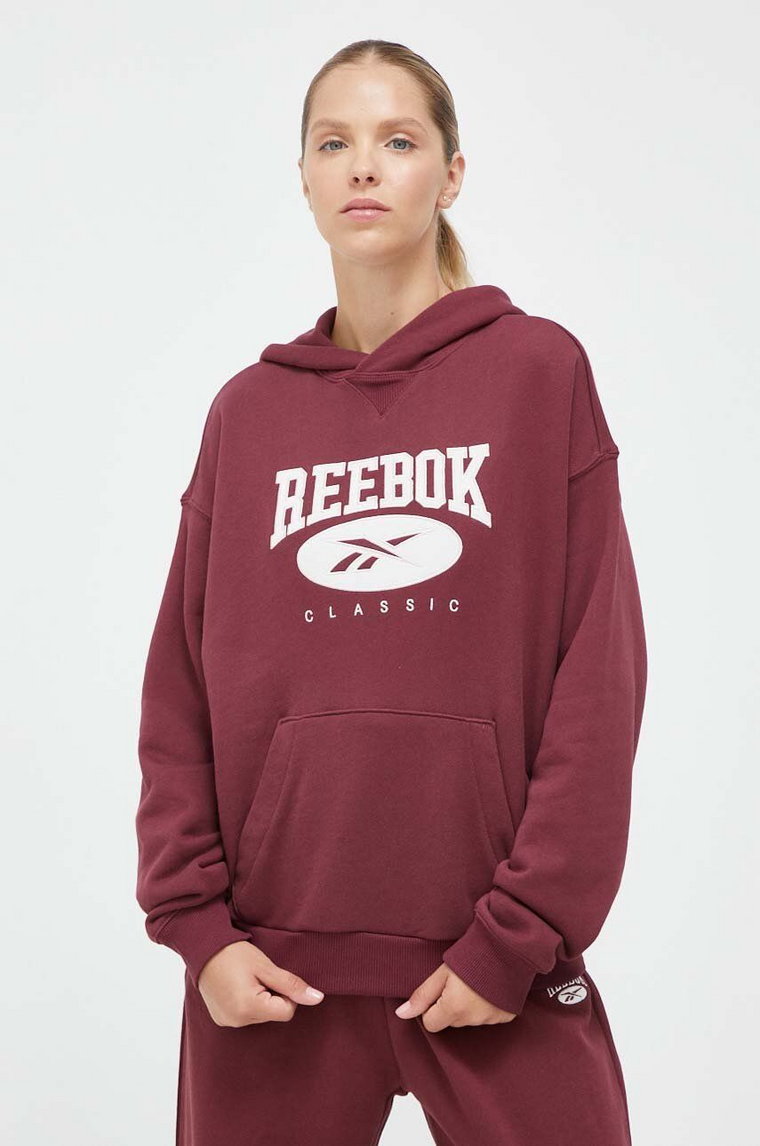 Reebok Classic bluza bawełniana damska kolor bordowy z kapturem z aplikacją