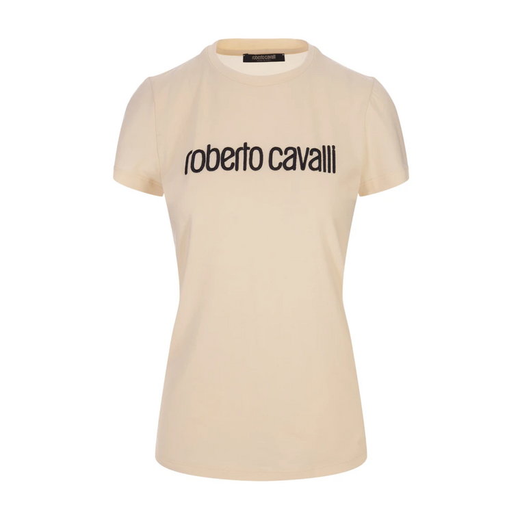 Bawełniana koszulka w kolorze kości słoniowej z haftowanym logo Roberto Cavalli