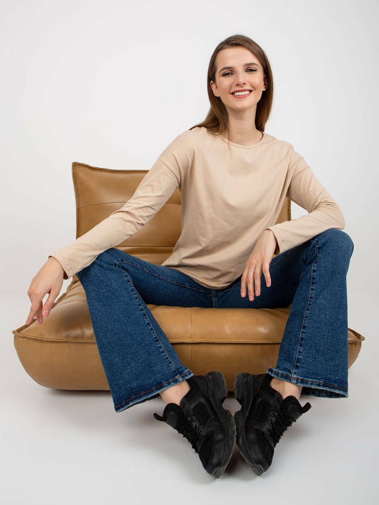 Bluzka basic beżowy casual longsleeve dekolt okrągły rękaw długi