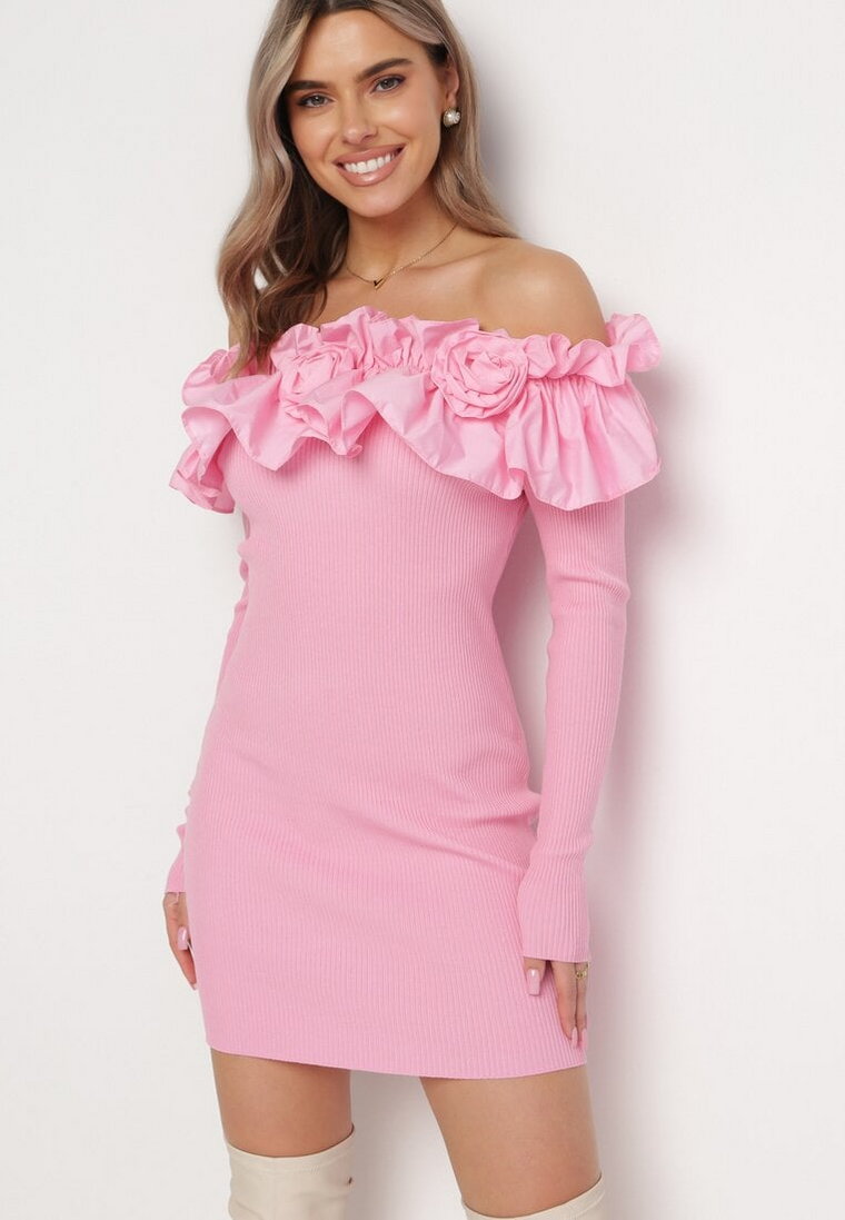 Różowa Sukienka Hiszpanka Mini z Falbankami Xerxeni