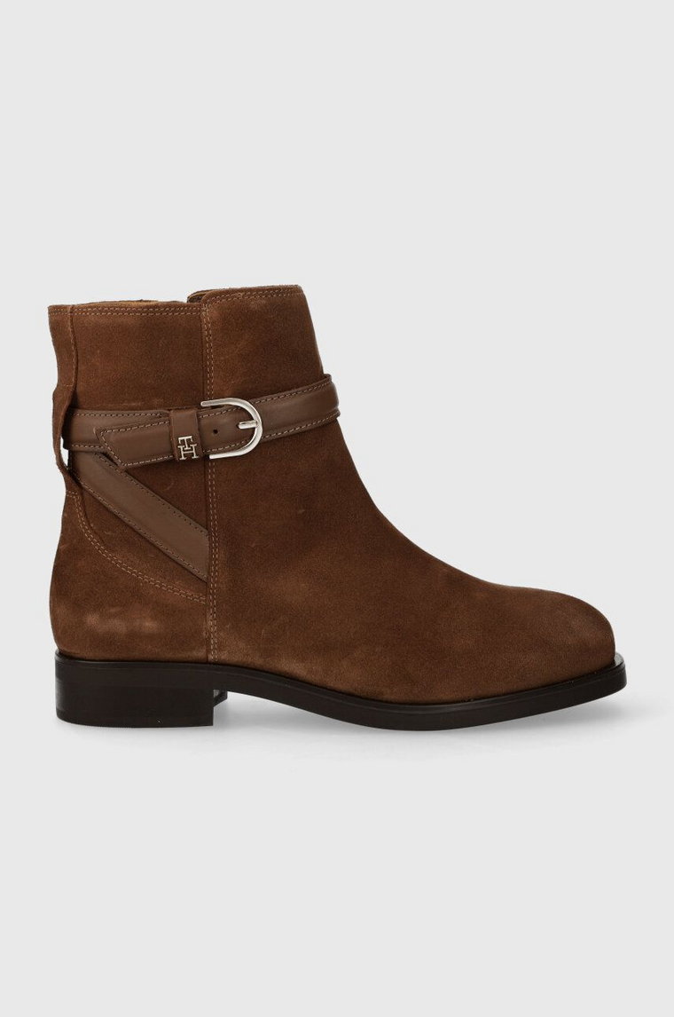 Tommy Hilfiger botki zamszowe ELEVATED ESSENT BOOT THERMO SDE damskie kolor brązowy na płaskim obcasie FW0FW07482