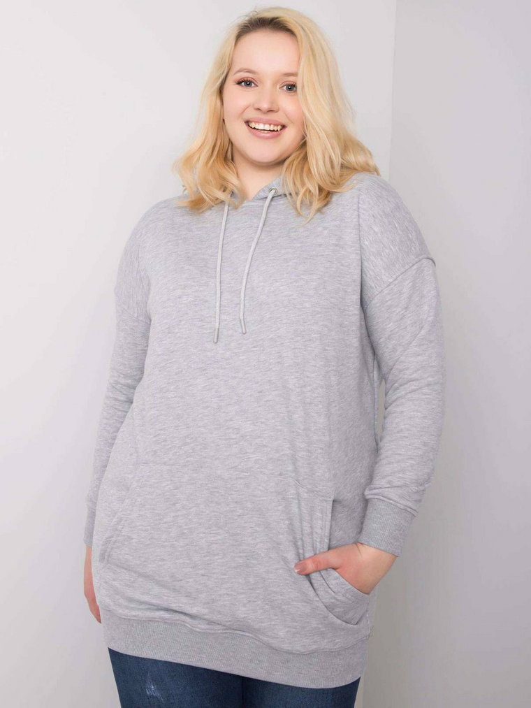 Bluza plus size szary casual sportowy kaptur rękaw długi długość długa kieszenie troczki