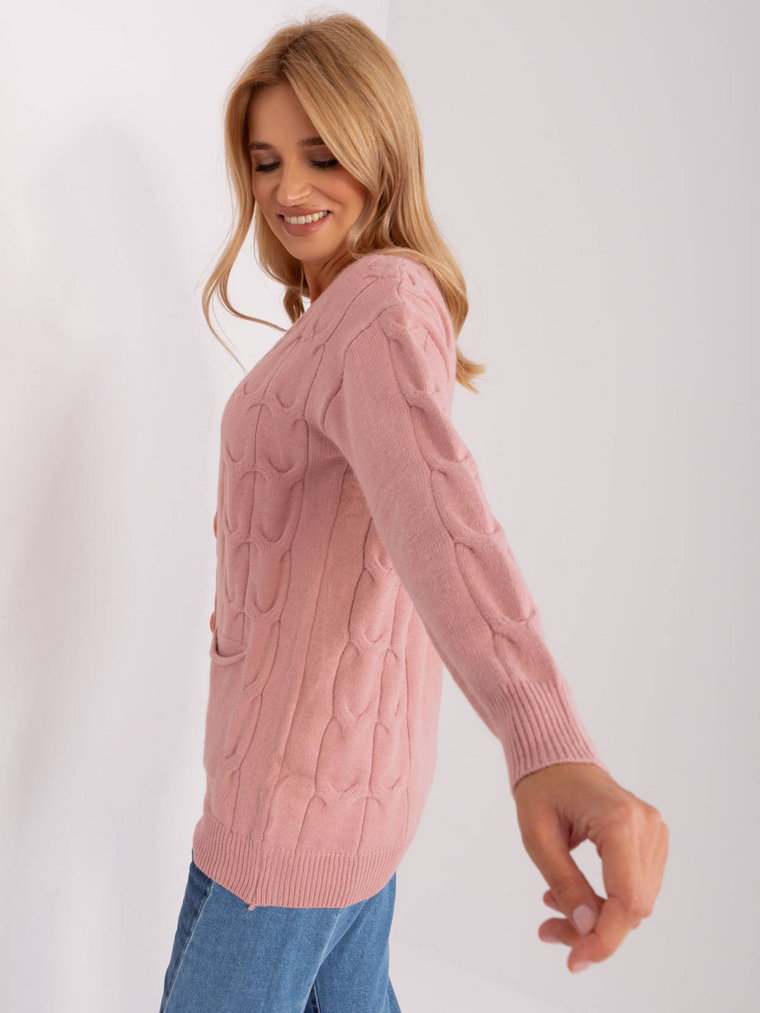 Sweter rozpinany jasny różowy casual dekolt w kształcie V rękaw długi długość długa kieszenie guziki