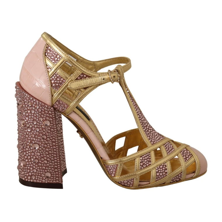 Pink Gold Leather Crystal Pumps T-strap Shoes Dolce & Gabbana