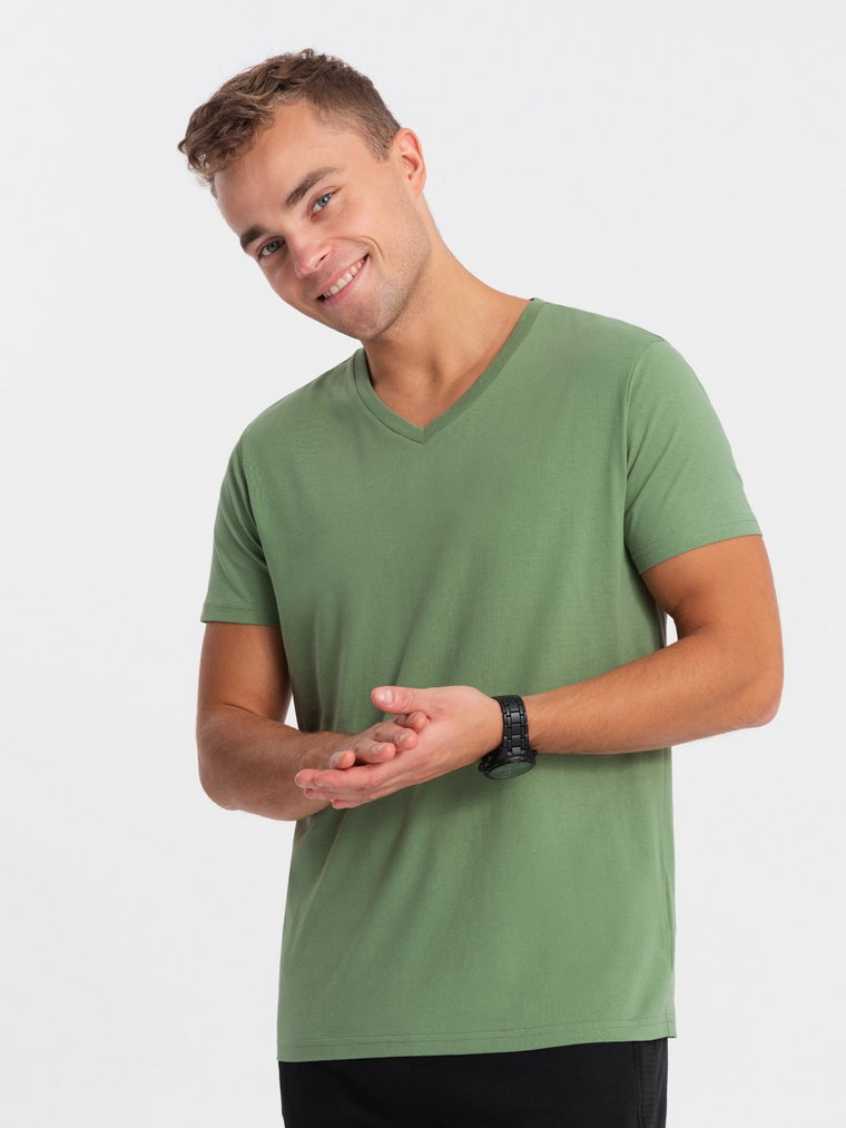 Bawełniana klasyczna męska koszulka z dekoltem w serek BASIC - zielona V10 OM-TSBS-0145