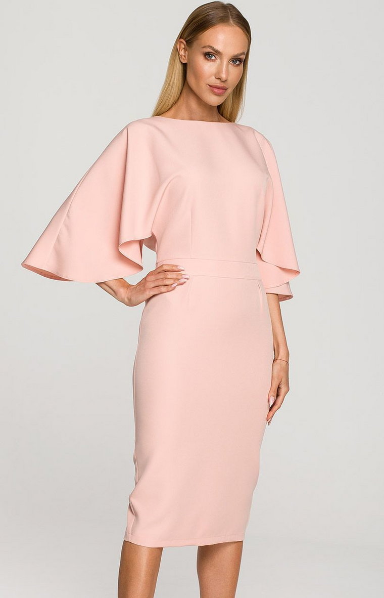 Sukienka ołówkowa z szerokimi rękawami w p. różu M700, Kolor róż pudrowy, Rozmiar L, MOE