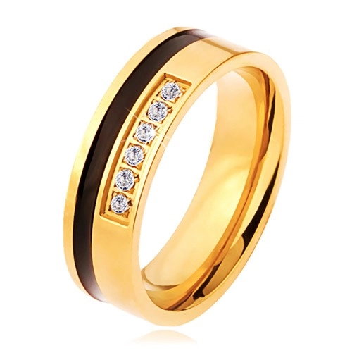 Stalowy pierścionek w złotym i czarnym kolorze, ozdobny pas przezroczystych cyrkonii - Rozmiar : 54