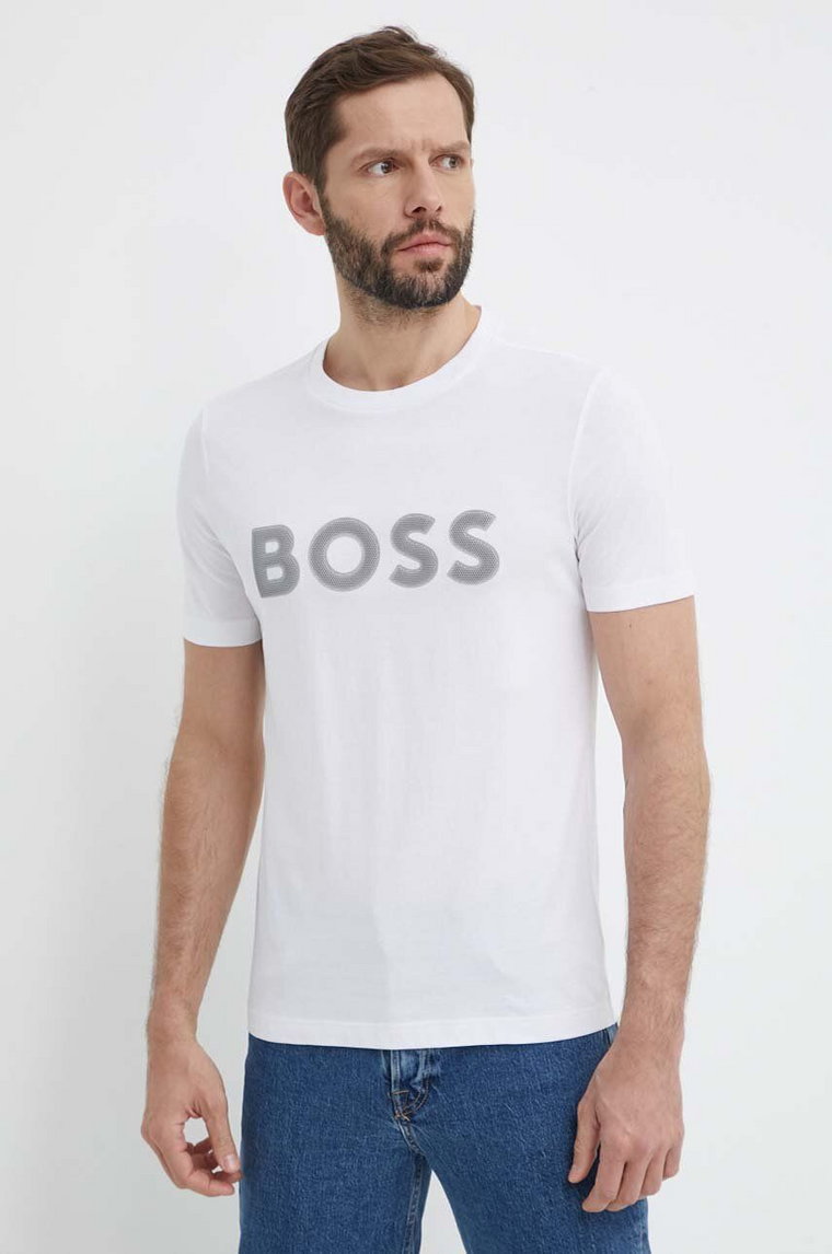 Boss Green t-shirt bawełniany męski kolor biały z nadrukiem