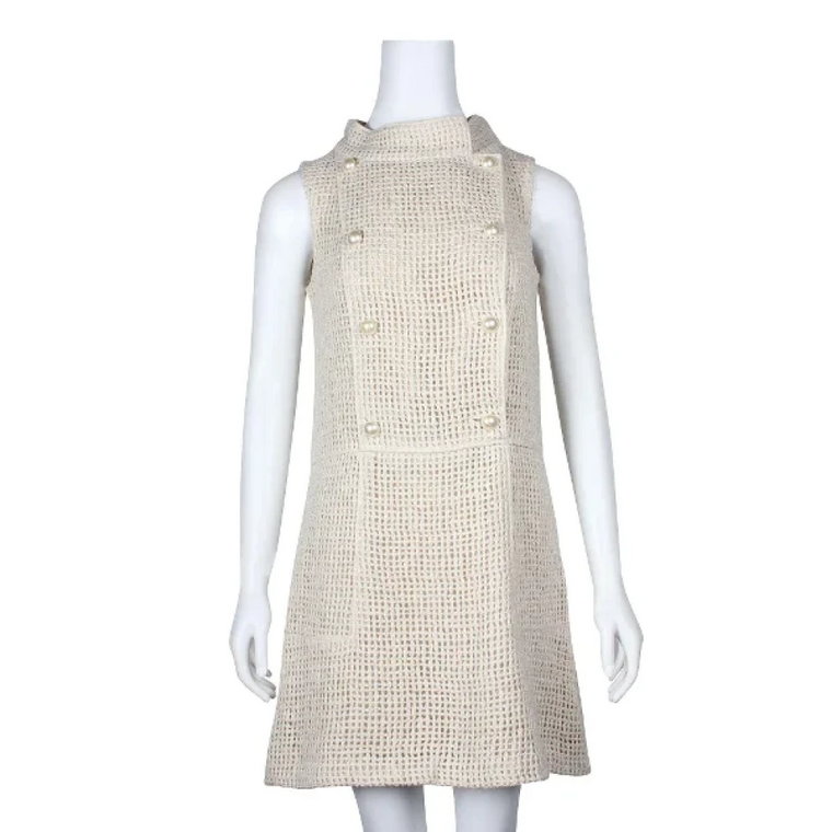 Beżowa jedwabna sukienka z perłowym splotem Chanel Vintage