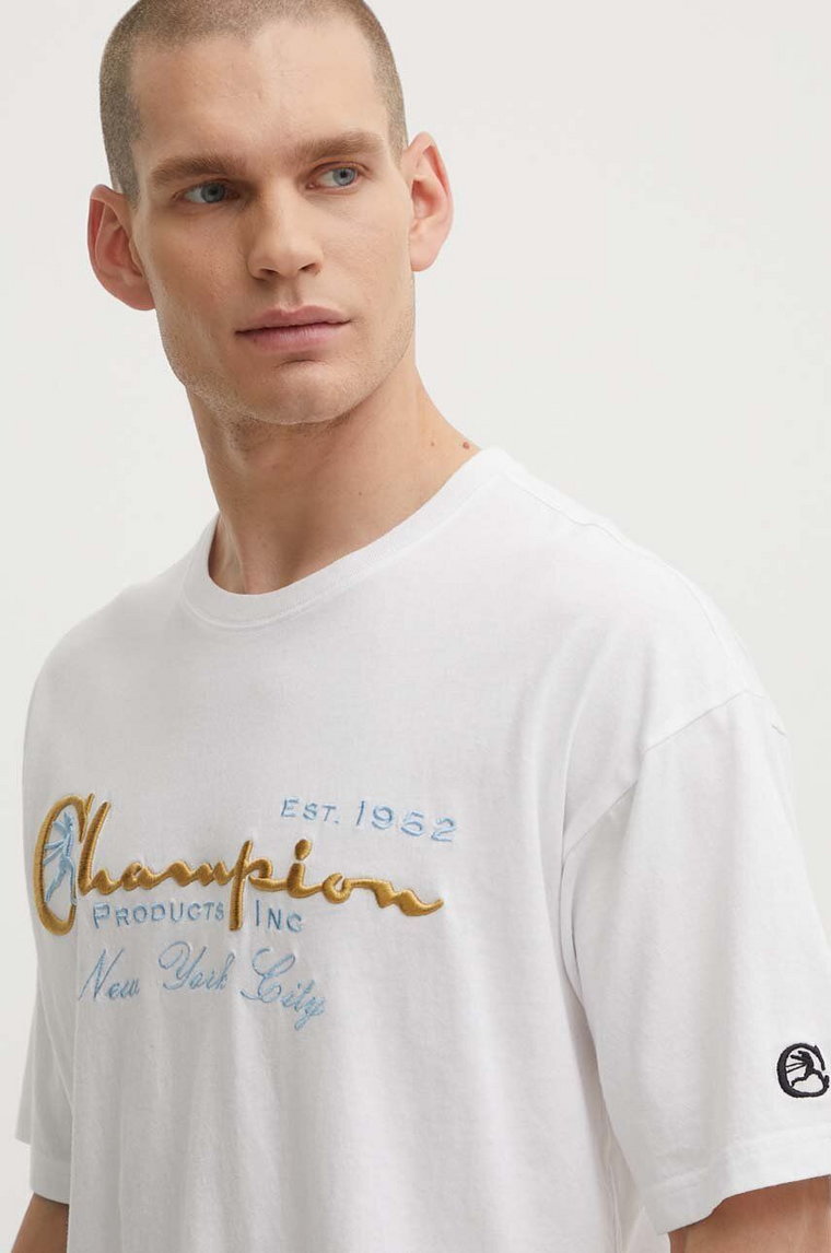 Champion t-shirt bawełniany męski kolor biały z aplikacją 219998