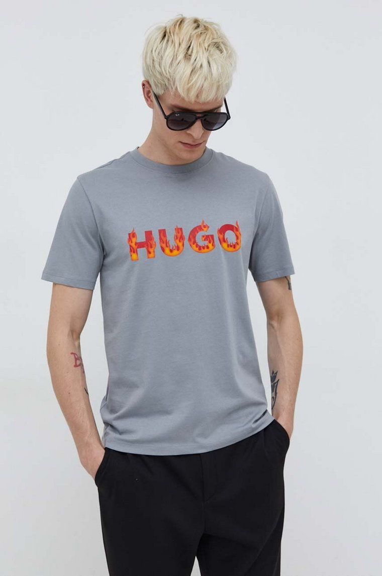 HUGO t-shirt bawełniany męski kolor szary z nadrukiem