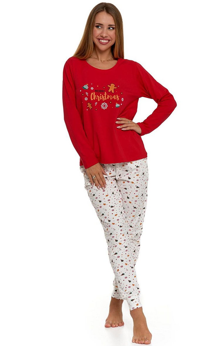 Bawełniana piżama damska świąteczna czerwona PDD5000-006, Kolor czerwono-ecru, Rozmiar L, Moraj
