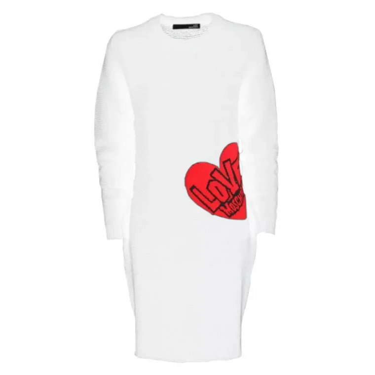Biała Wełniana Sukienka z Czerwonym Wzorem Serca Love Moschino