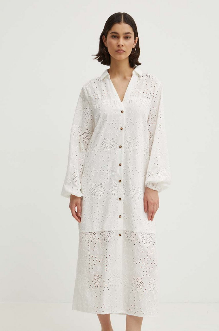 Never Fully Dressed sukienka bawełniana Jenna Shirt dress kolor biały midi prosta NFDDR1349