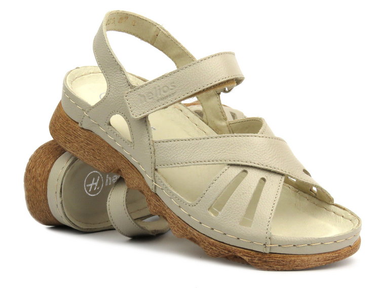 Skórzane sandały damskie na żłobionej podeszwie - HELIOS Komfort 256, ecru