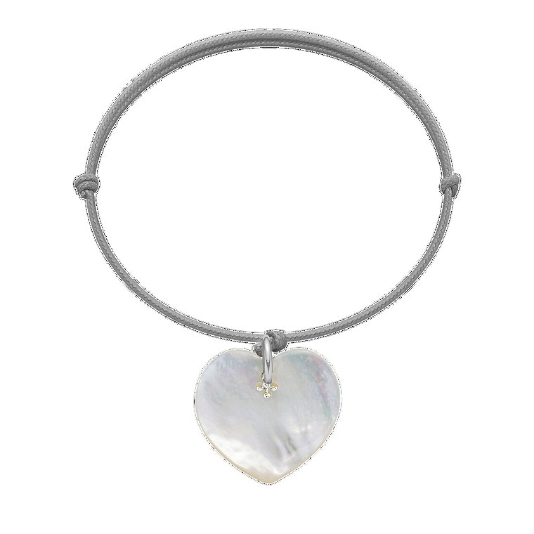 Bransoletka z sercem z masy perłowej na cienkim jasnoszarym sznurku