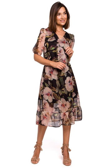 Zwiewna Szyfonowa Sukienka w Kwiaty z Falbanką - Model 3