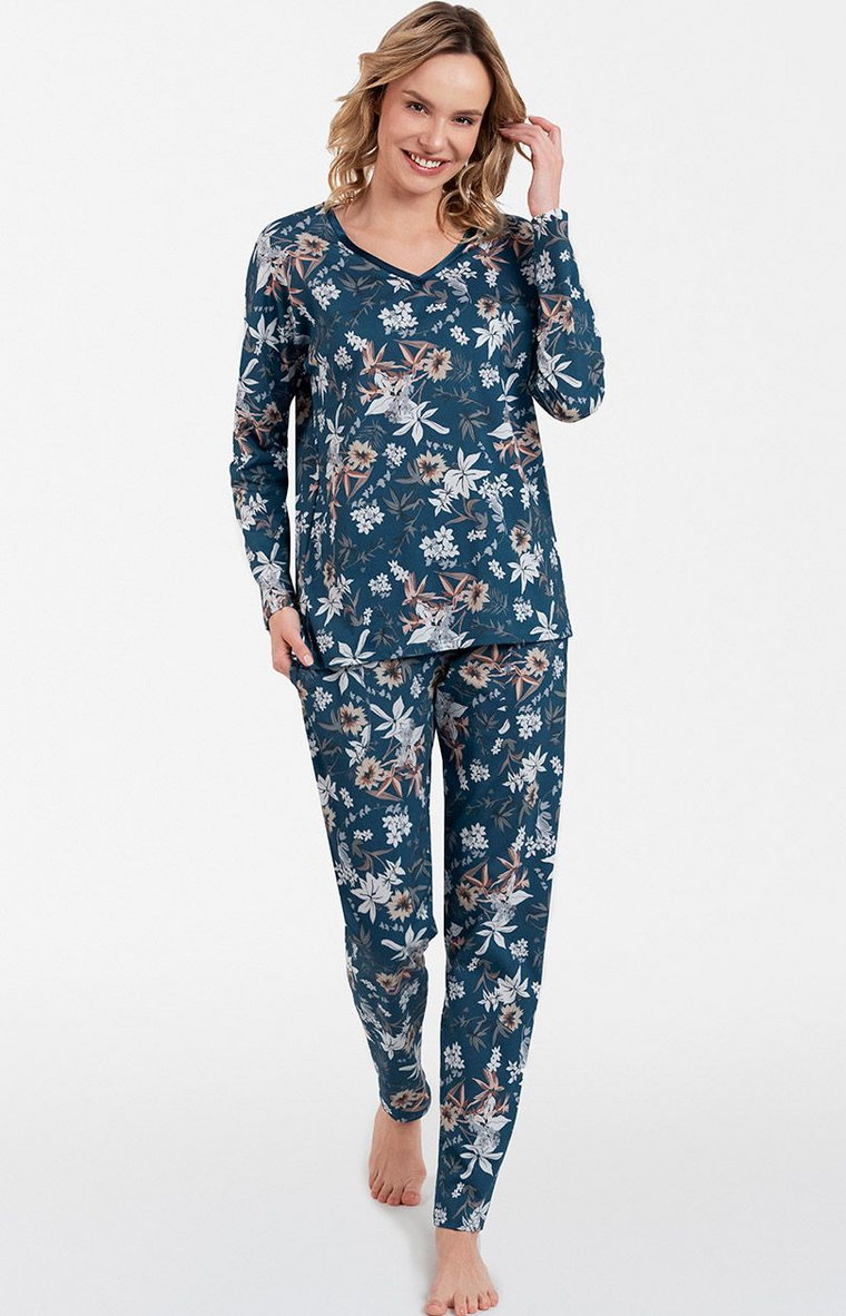 Bawełniana piżama damska w kwiaty Madison, Kolor niebieski-wzór, Rozmiar S, Italian Fashion