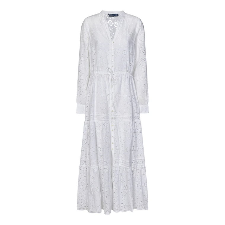 Biała Sukienka z Dekoltem w Serek i Wiązaniem w Talii Polo Ralph Lauren