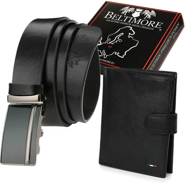 Zestaw męski skórzany premium Beltimore portfel pasek T94 : Kolory - czarny, Rozmiar pasków - r.85-100 cm