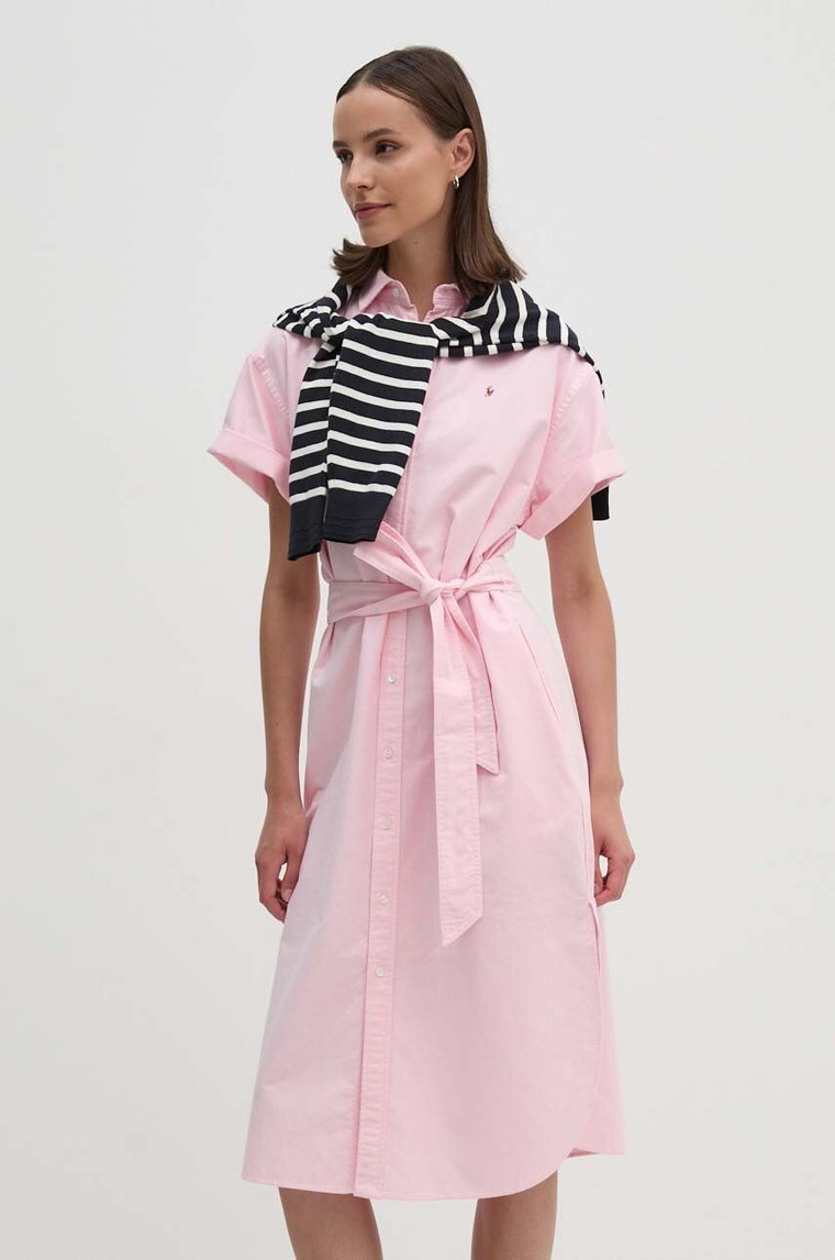 Polo Ralph Lauren sukienka bawełniana kolor różowy midi prosta 211935153