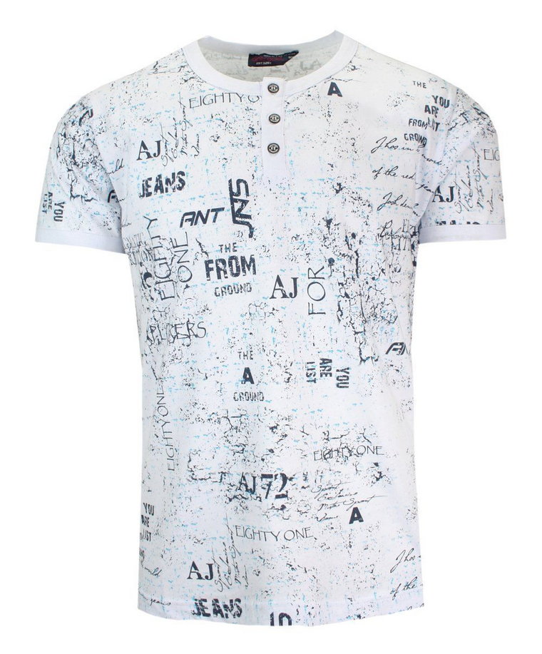 T-Shirt Męski Biały z Nadrukiem, z Guziczkami, U-neck, Koszulka, Krótki Rękaw