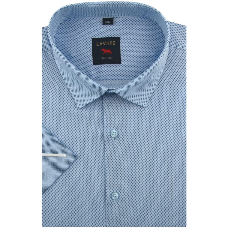 Duża Koszula Męska Elegancka Wizytowa do garnituru niebieska w kropki z kieszonkami z klapą z krótkim rękawem Duże rozmiary Laviino P613