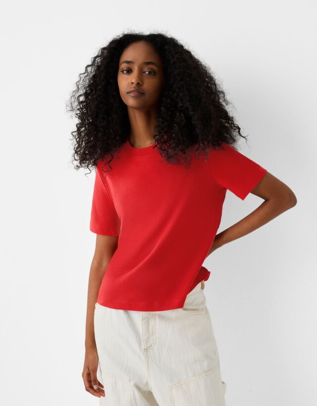 Bershka Regular Fit Short Sleeve T-Shirt Kobieta Xs Czerwony