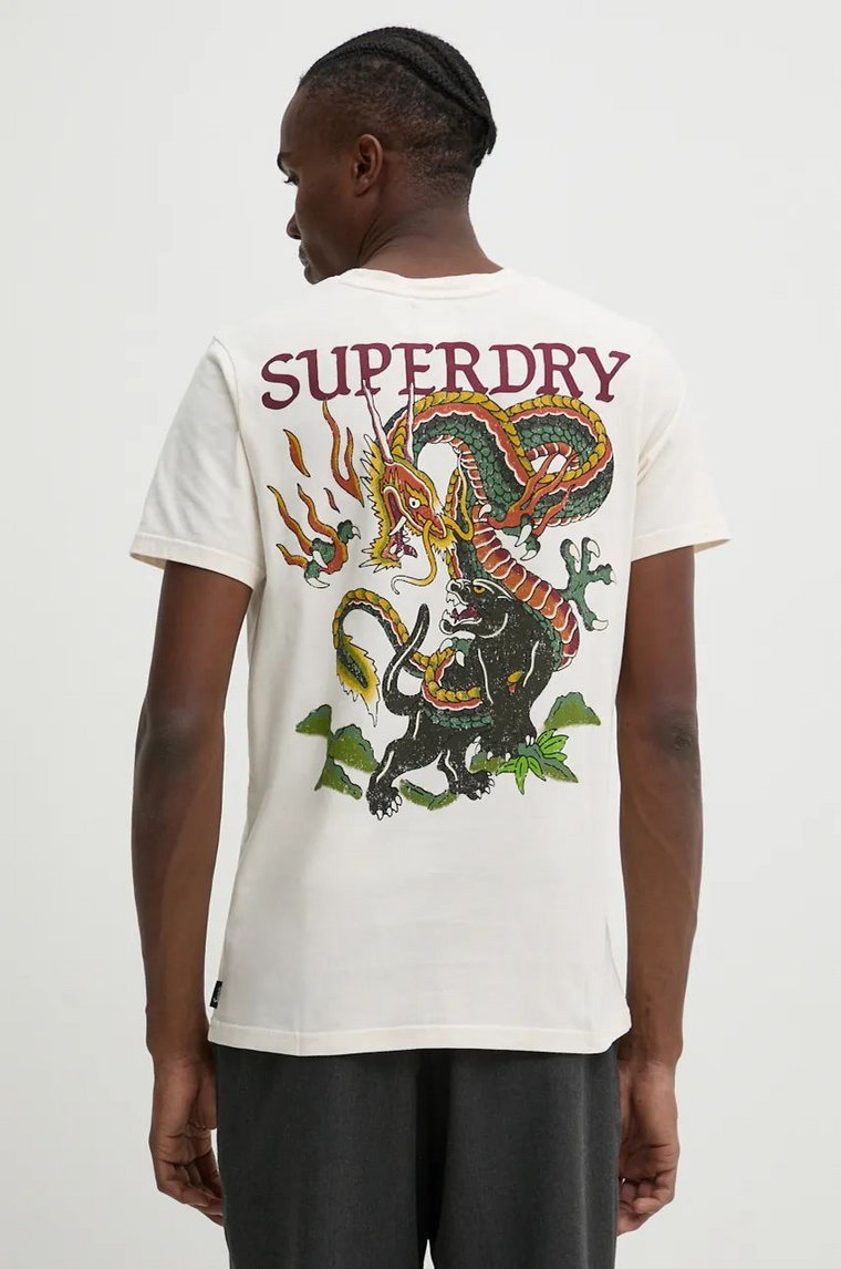 Superdry t-shirt bawełniany męski kolor beżowy z nadrukiem M1012012A-22C