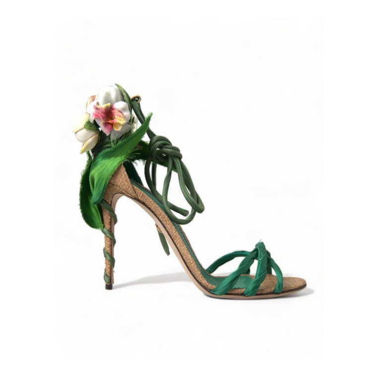 Kwiatowe Satynowe Sandały na Obcasie Dolce & Gabbana