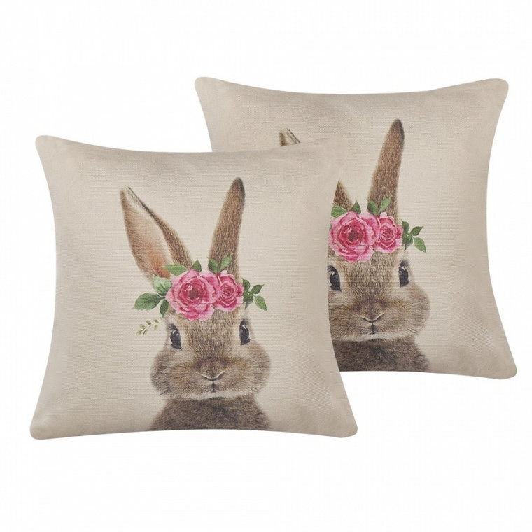 Zestaw 2 poduszek dekoracyjnych z motywem królika 45 x 45 cm szarobeżowy TULIPA kod: 4251682262163