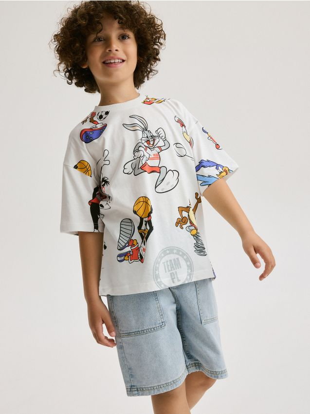 Reserved - T-shirt oversize Looney Tunes - złamana biel