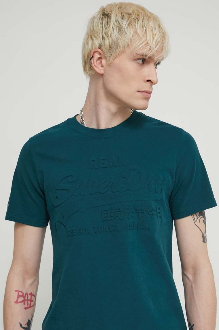 Superdry t-shirt bawełniany męski kolor zielony z aplikacją