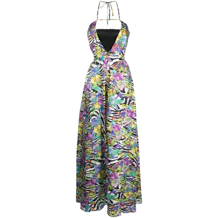 Długa sukienka z nadrukiem zebry i kwiatowym motywem Just Cavalli