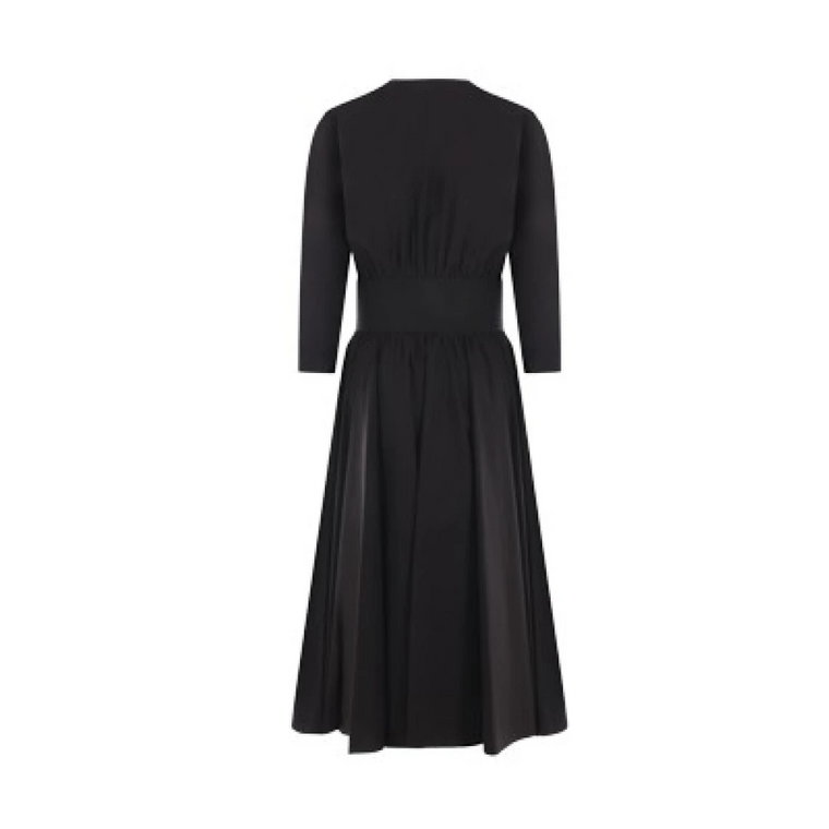 Czarna sukienka z bawełnianej popeliny z głębokim dekoltem w serek i długimi rękawami Alaïa