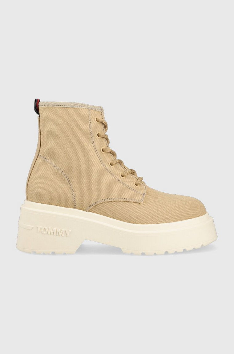 Tommy Jeans botki LACE UP FESTIV BOOTS damskie kolor beżowy  EN0EN02133