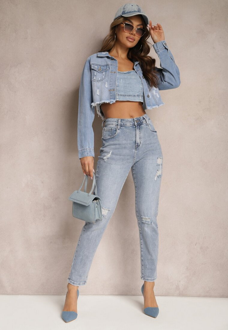 Jasnoniebieskie Jeansy Mom Fit High Waist z Przetarciami Aauroa