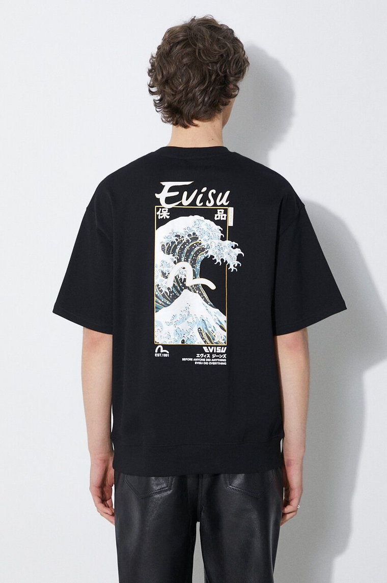 Evisu t-shirt bawełniany Evisu & Wave PrintSS Sweatshirt męski kolor czarny z nadrukiem 2ESHTM4WS7058