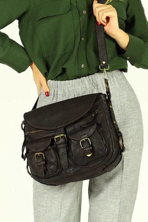SERENELLA - Skórzana Włoska torebka listonoszka z kieszeniami  handmade bag ciemny brąz caffe