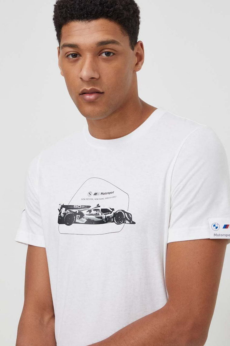 Puma t-shirt bawełniany x BMW Motorsport męski kolor beżowy z nadrukiem 624165