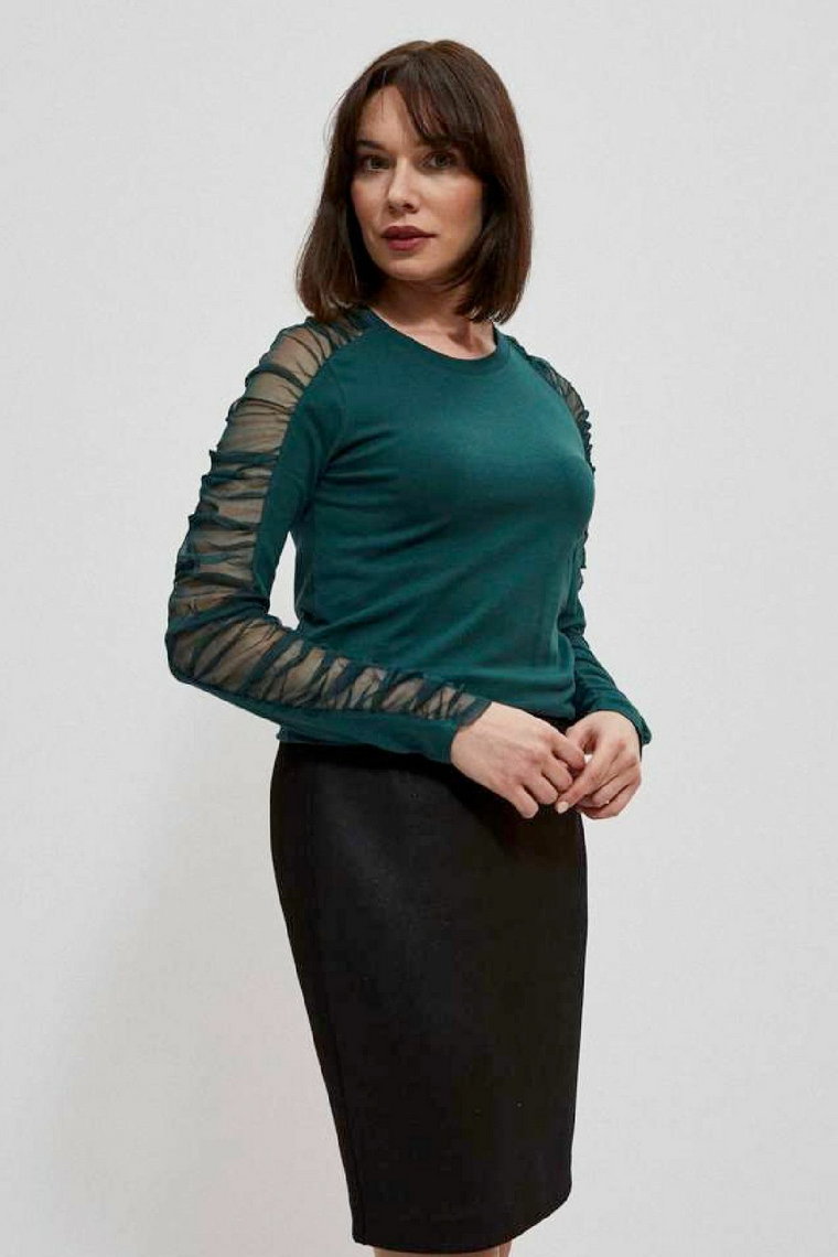 Zielona elegancka bluzka damska z transparentnymi rękawami