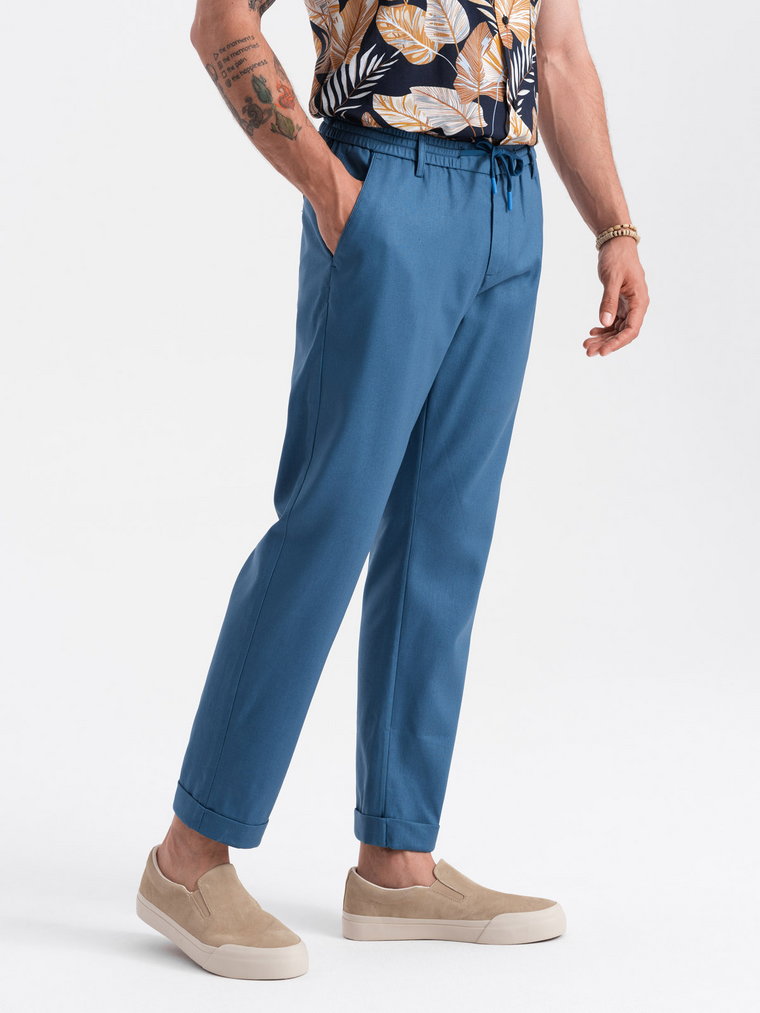 Męskie spodnie podwijane chino z dodatkiem lnu  niebieski denim V5 OM-PACP-0198