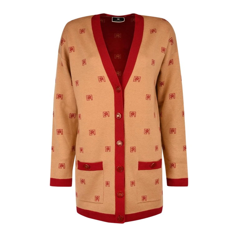 Długi Sweter MK65s36e2-BM4 Karmel/Czerwony Elisabetta Franchi