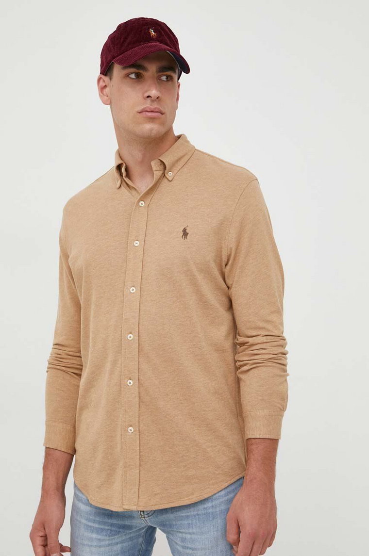 Polo Ralph Lauren koszula bawełniana męska kolor beżowy regular z kołnierzykiem button-down