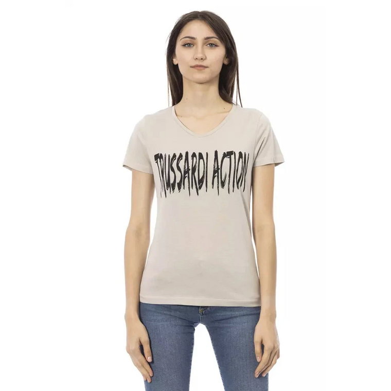 Beżowy Bawełniany T-Shirt z Dekoltem w Literę V i Nadrukiem na Przodzie Trussardi