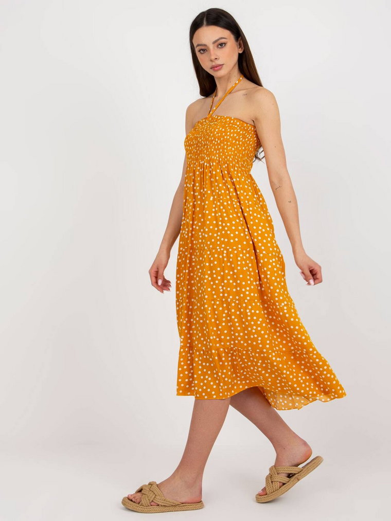 Sukienka z printem żółty codzienna letnia dekolt prostokątny sznurowany rękaw bez rękawów długość midi z podszewką falbana marszczenia