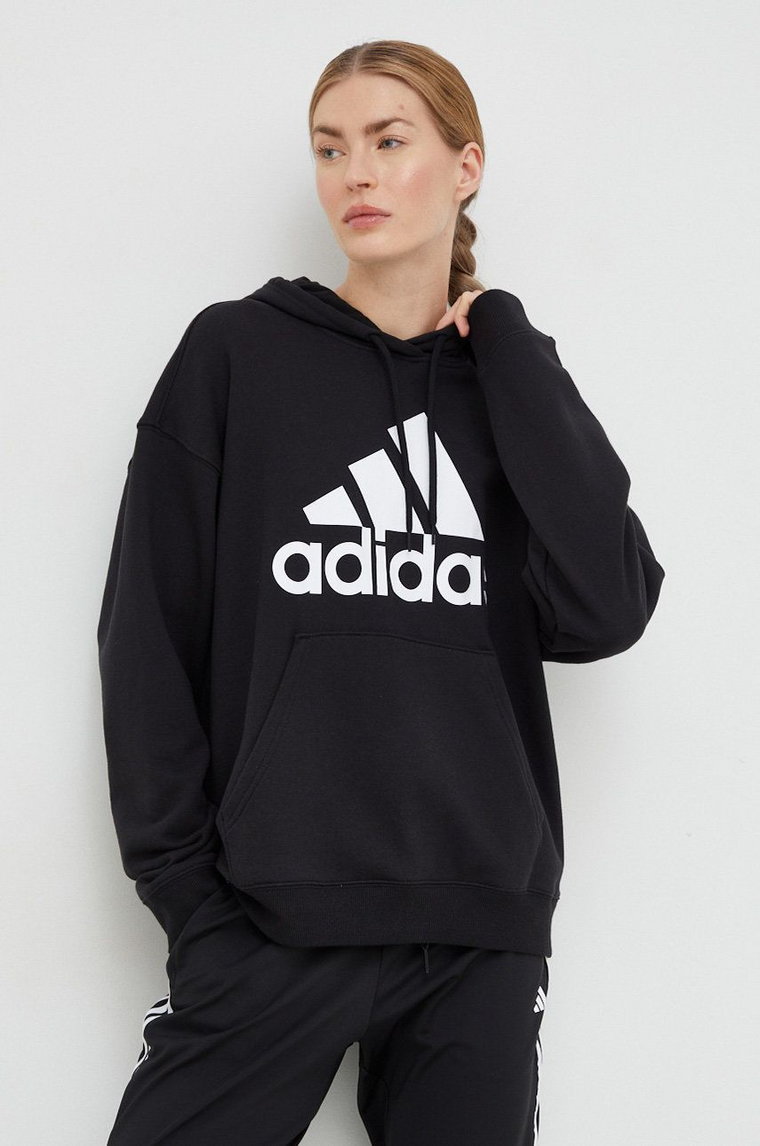 adidas bluza bawełniana damska kolor czarny z kapturem z nadrukiem